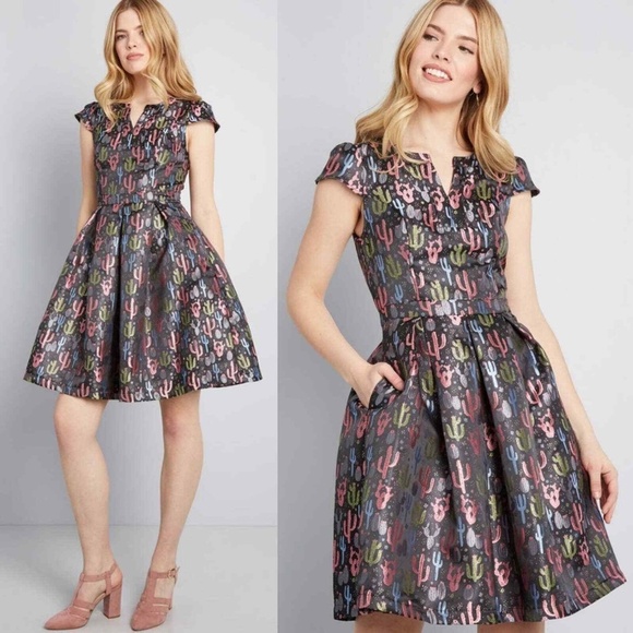 ModCloth Personal Boldness Cactus Novelty Print Fit and Flare Dress NWOT - Picture 1 of 3